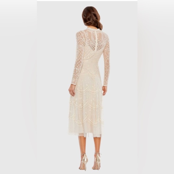 NWT | Mac Duggal Nude Sequined High Neck Long Sleeve Midi Dress Size 16 - Picture 3 of 13